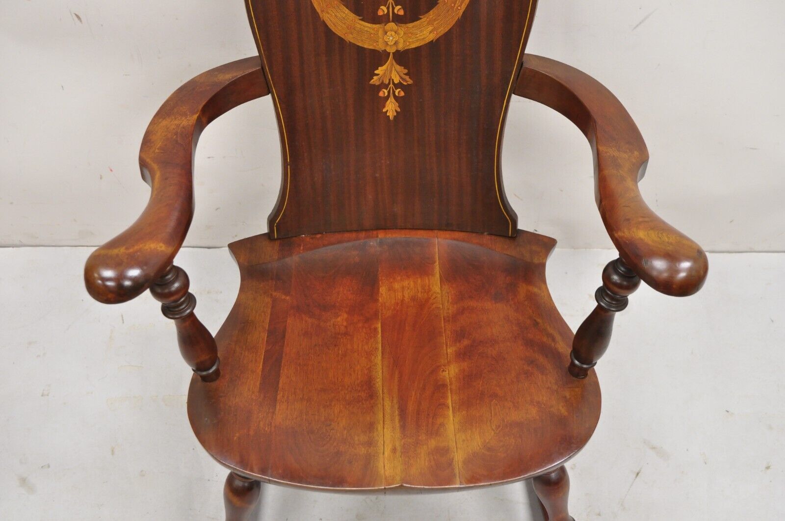 Antique Art Nouveau Cherry Wood Rocking Chair Rocker With Wreath Marquetry Inlay