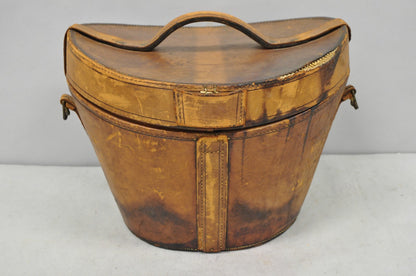 Antique Victorian Brown Leather Travel Case Hat Box w/ Miller of NY Silk Top Hat