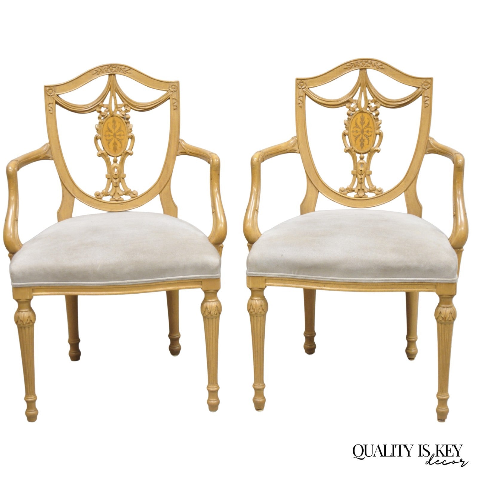 Hepplewhite Prince of Wales Drape Carved Shield Back Dining Arm Chairs - a Pair