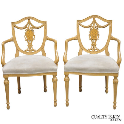 Hepplewhite Prince of Wales Drape Carved Shield Back Dining Arm Chairs - a Pair