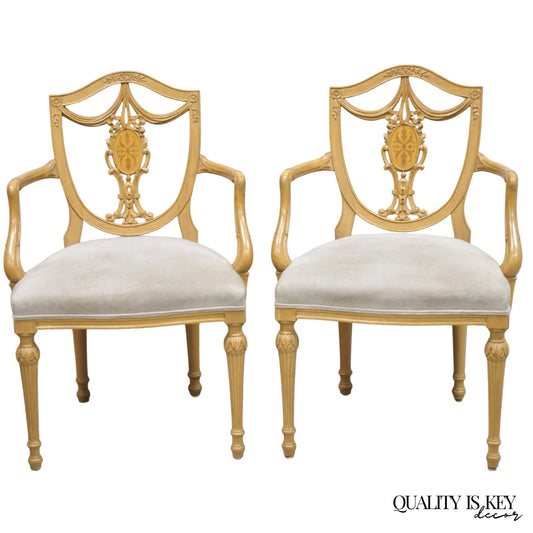 Hepplewhite Prince of Wales Drape Carved Shield Back Dining Arm Chairs - a Pair