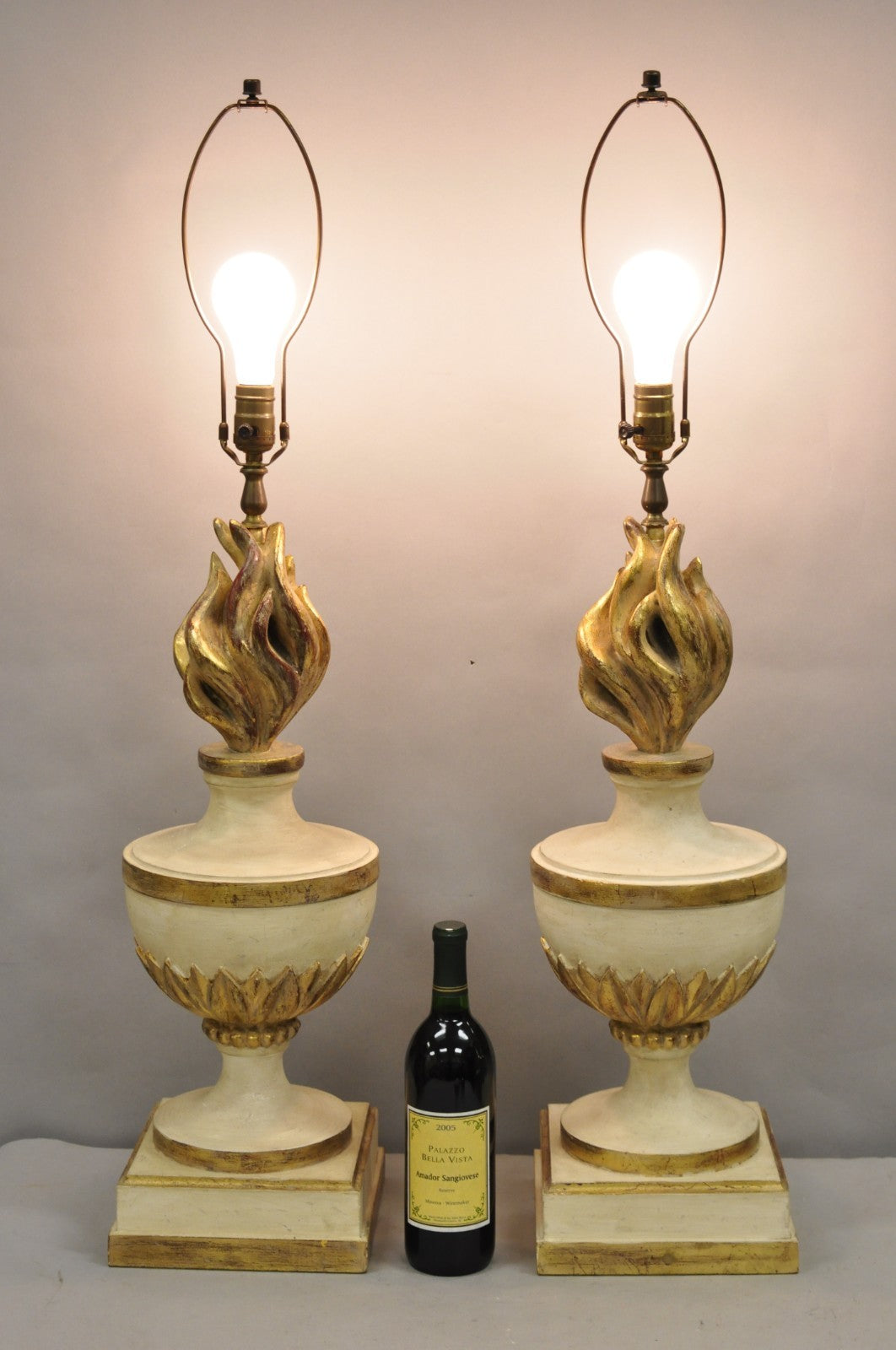 Vintage Italian Hollywood Regency Carved Wood "Burning Flame" Table Lamps - Pair