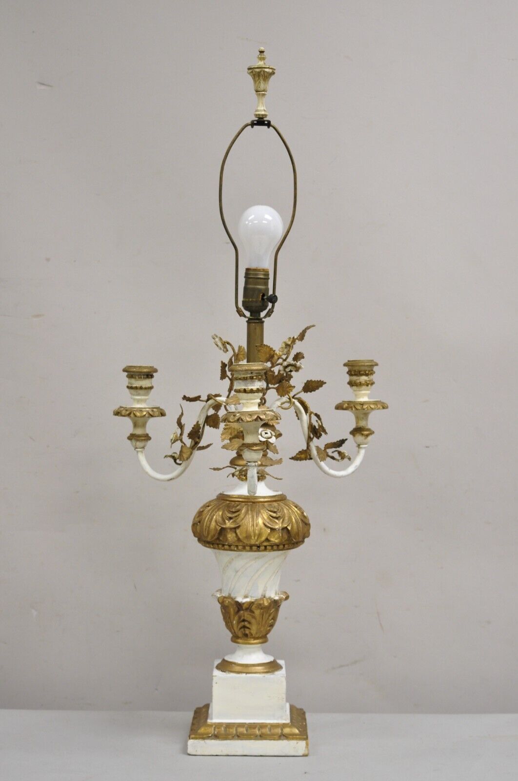 Vintage Italian Hollywood Regency Giltwood White & Gold Candelabra Table Lamp