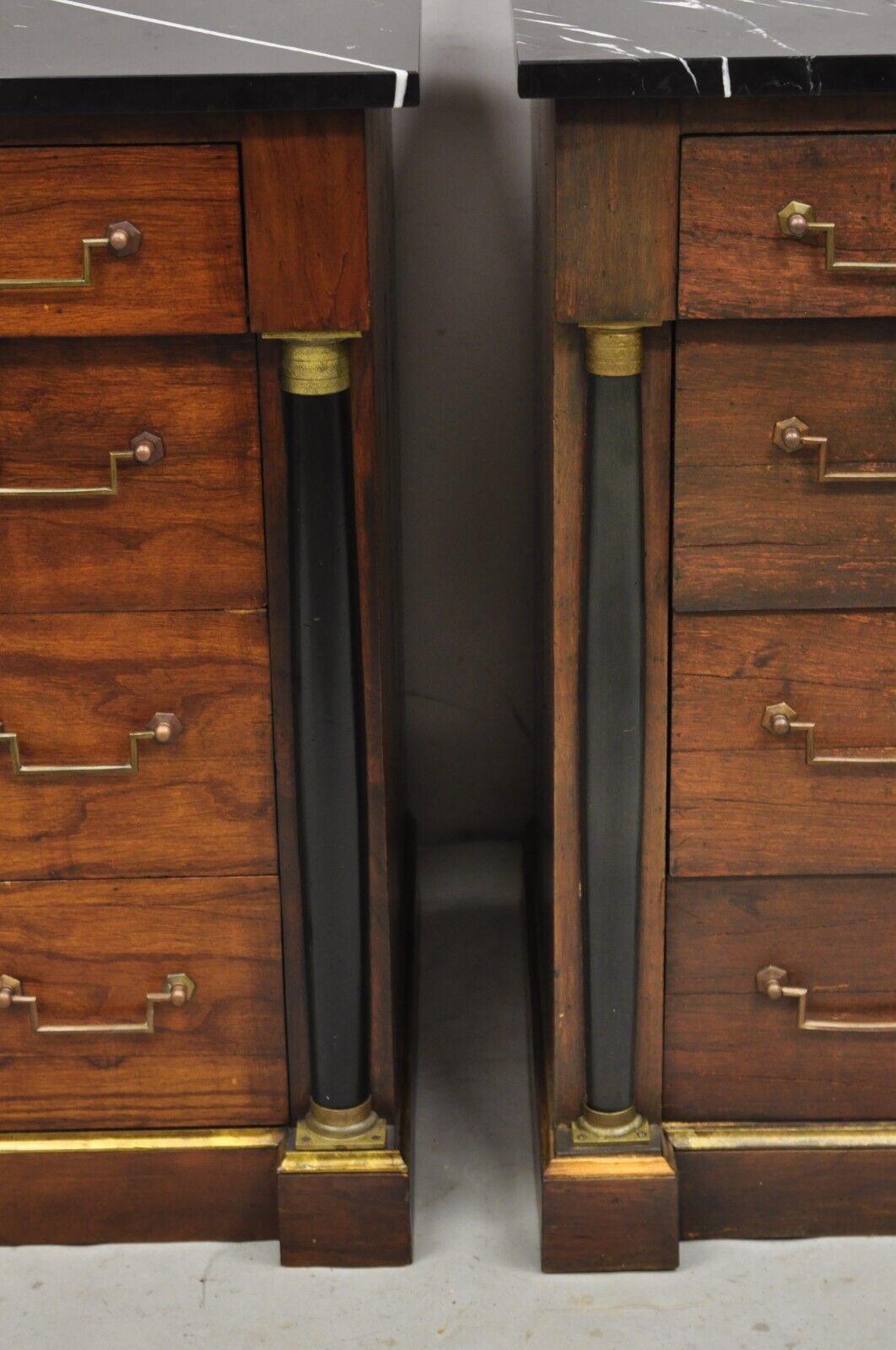 French Empire Neoclassical Style Marble Top Cherry Wood Commode Chest - a Pair