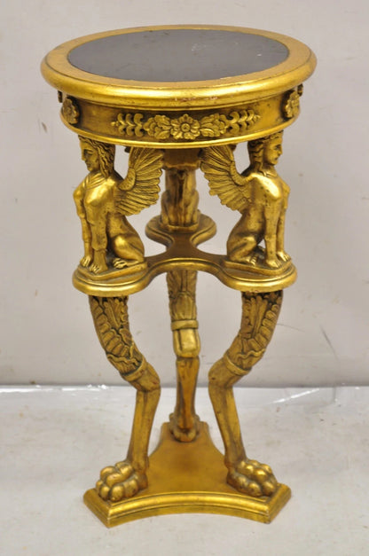 Egyptian Revival Gold Giltwood Marble Top Sphinx Pedestal Side Table Plant Stand