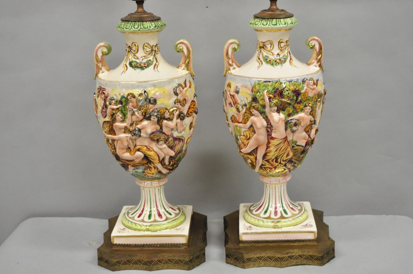 Antique Italian Capodimonte Ceramic Porcelain Figural Urn Table Lamps - a Pair