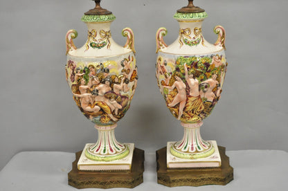 Antique Italian Capodimonte Ceramic Porcelain Figural Urn Table Lamps - a Pair