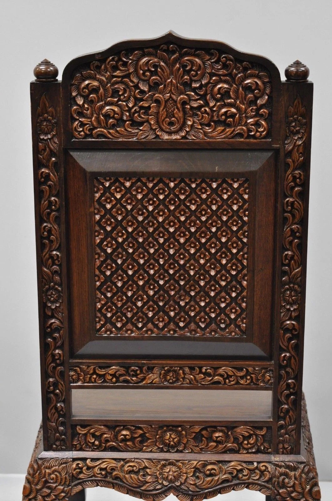 Vintage Chinoiserie Thai Oriental Carved Teak Wood Dining Side Chairs - a Pair