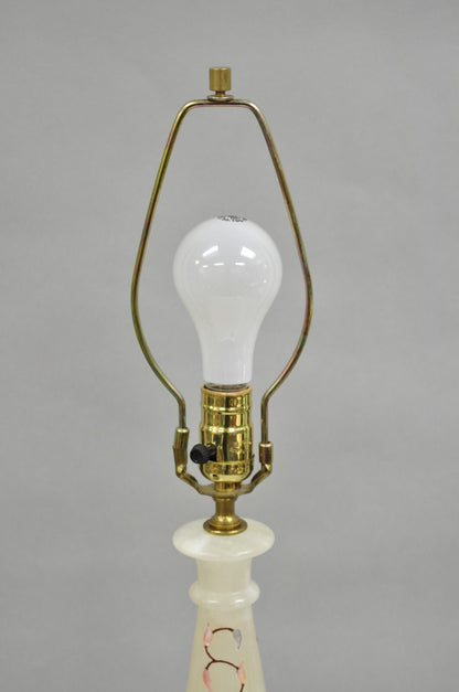Vintage Italian Hollywood Regency Alabaster Table Lamp w/ Stone Floral Inlay
