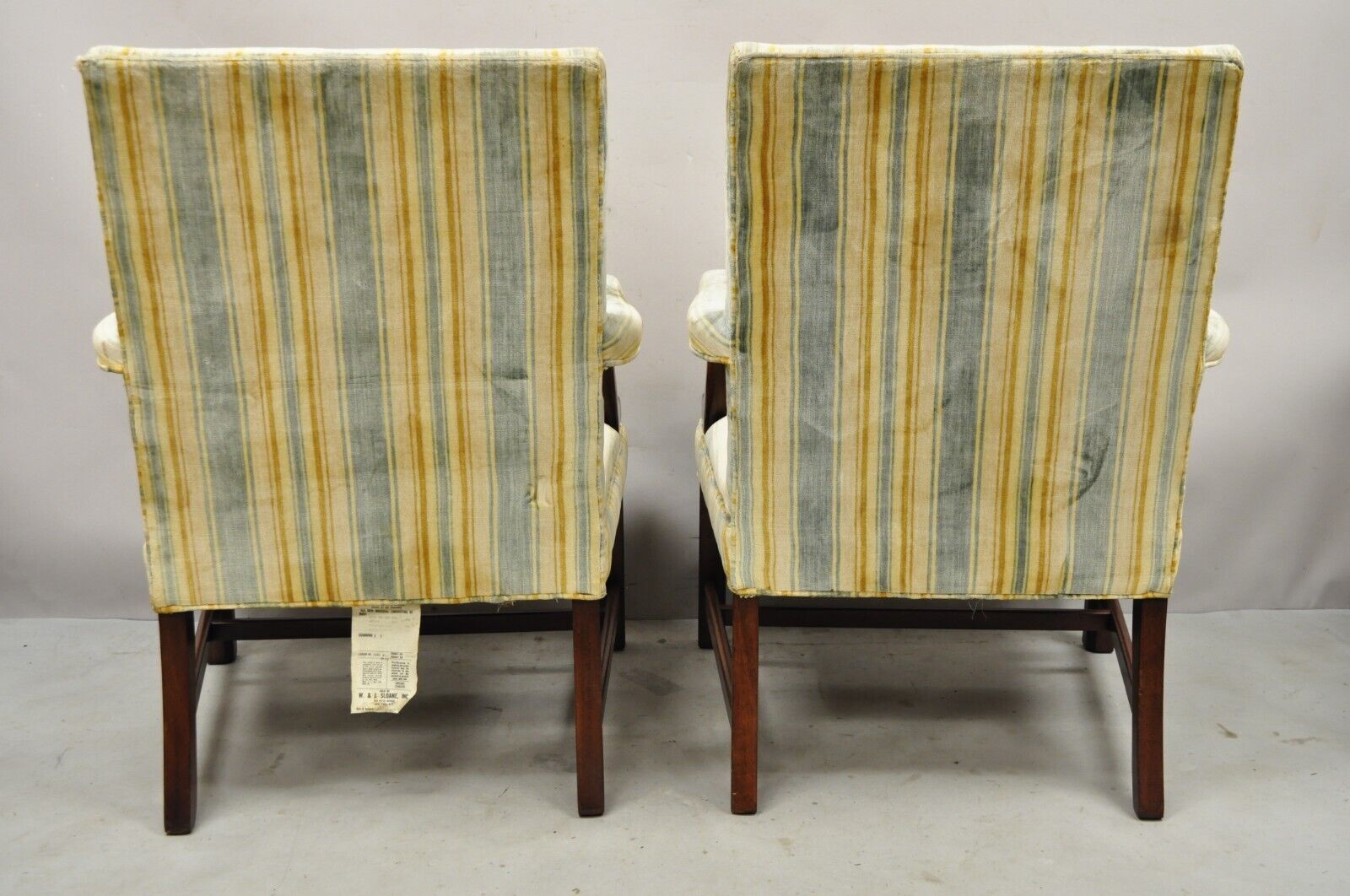 Vintage W&J Sloane Mahogany Frame Edwardian Style Library Arm Chairs - a Pair