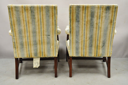 Vintage W&J Sloane Mahogany Frame Edwardian Style Library Arm Chairs - a Pair