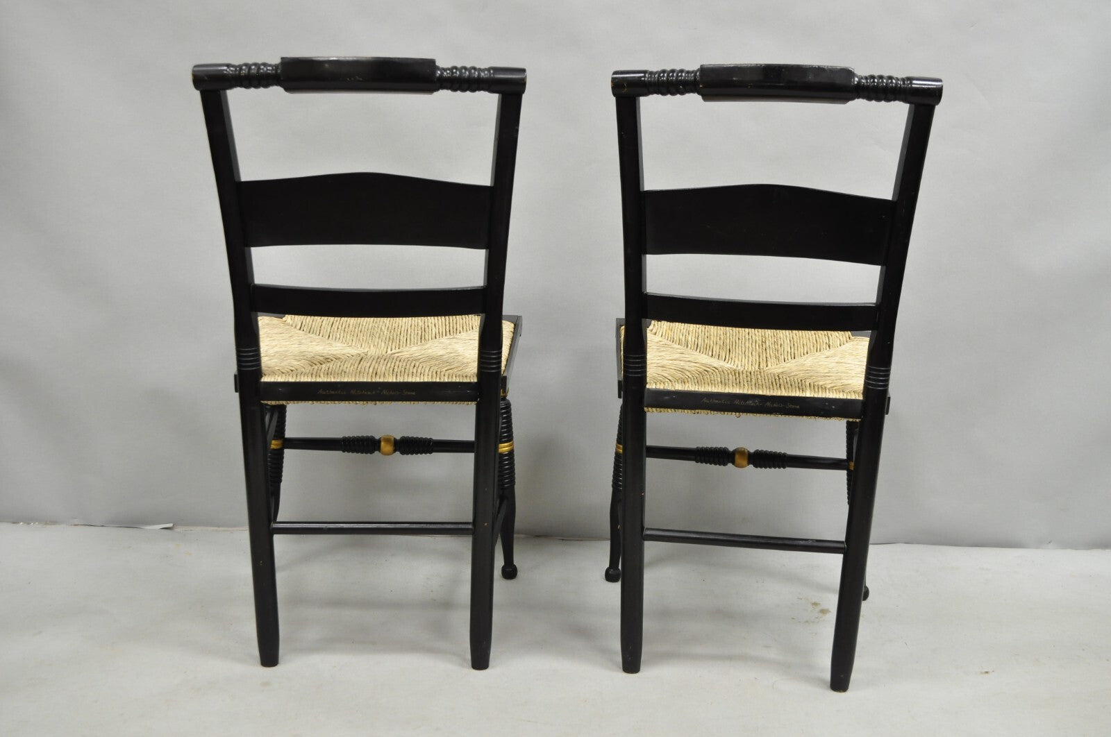 Vintage Nichols & Stone Hitchcock Harvest Stencil Painted Black Side Chair Pair