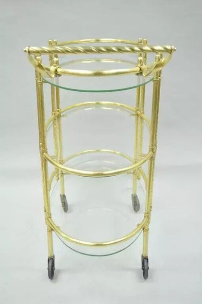 Mid Century Italian Modern Polished Brass & Glass Three Tier Oval Bar Tea Cart
