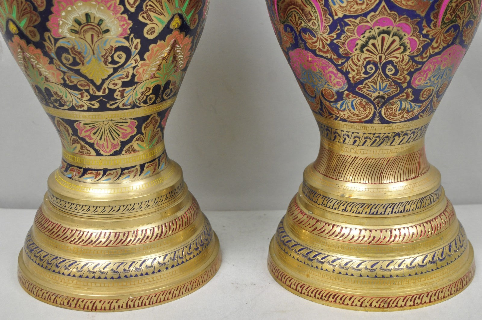 Vintage Brass & Cloisonné Enamel Pink & Blue Jardiniere Urn Table Lamps - Pair