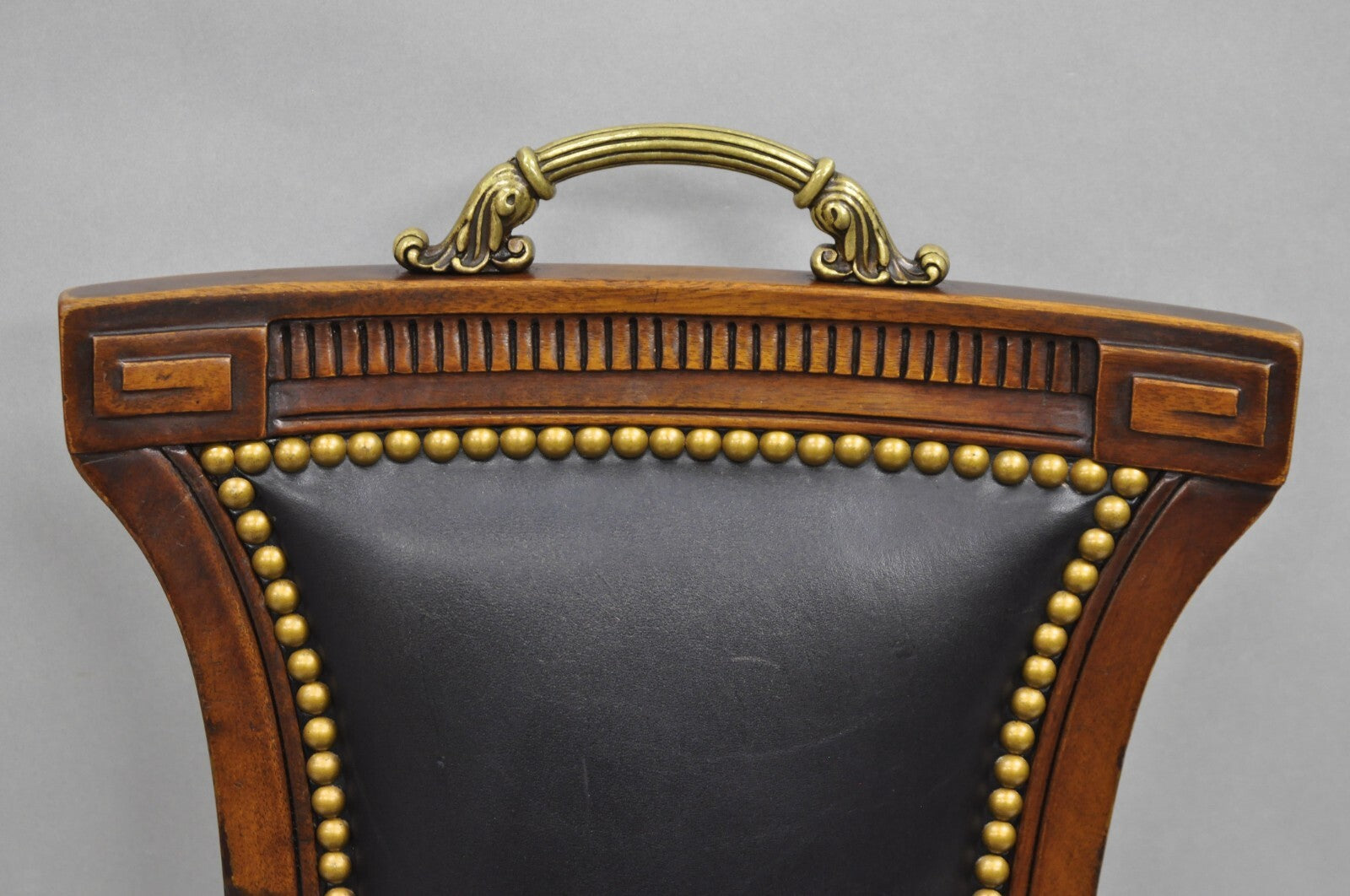 Vintage French Regency Style Carved Mahogany Black Leather Saber Leg Side Chair