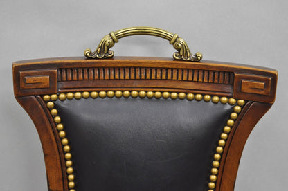 Vintage French Regency Style Carved Mahogany Black Leather Saber Leg Side Chair