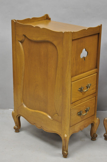 Vintage French Country Provincial Walnut Nightstand Bedside Table w/ Cubby, Pair