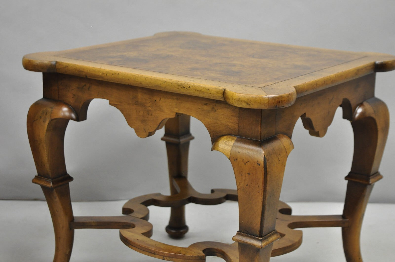 Vintage Baker Regency Style Burlwood Walnut Low Side End Tables - a Pair
