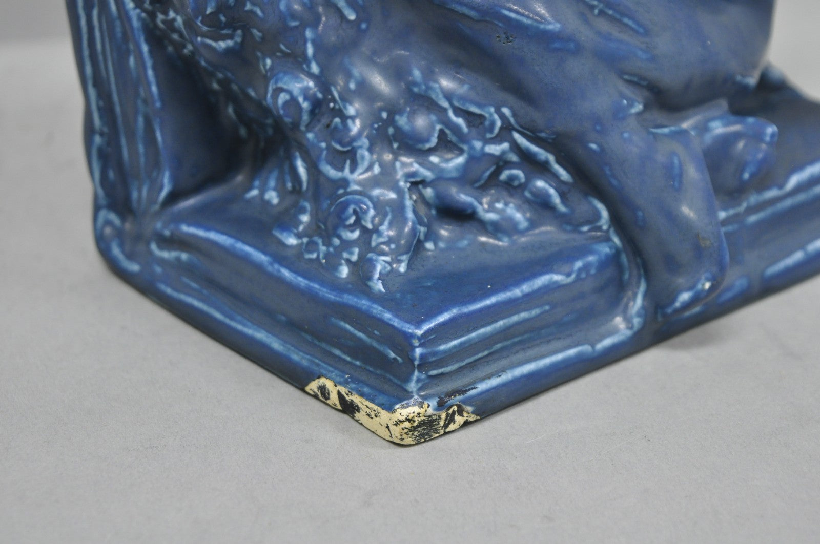 Antique Rookwood Blue Glazed Ceramic Nude Female Figure Reading Book Bookend