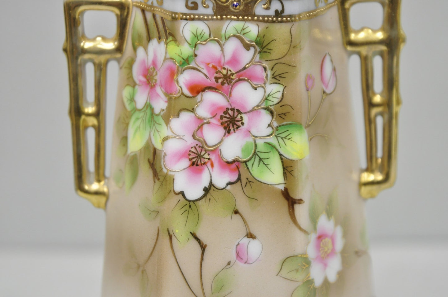 Antique Nippon Twin Handled Pink Hand Painted Porcelain Hexagon Gold Rimmed Vase