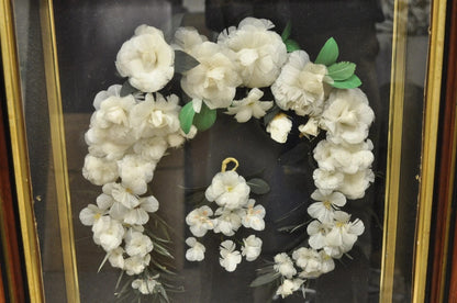Antique Victorian White Feather Floral Mourning Wreath Mahogany Wood Shadow Box