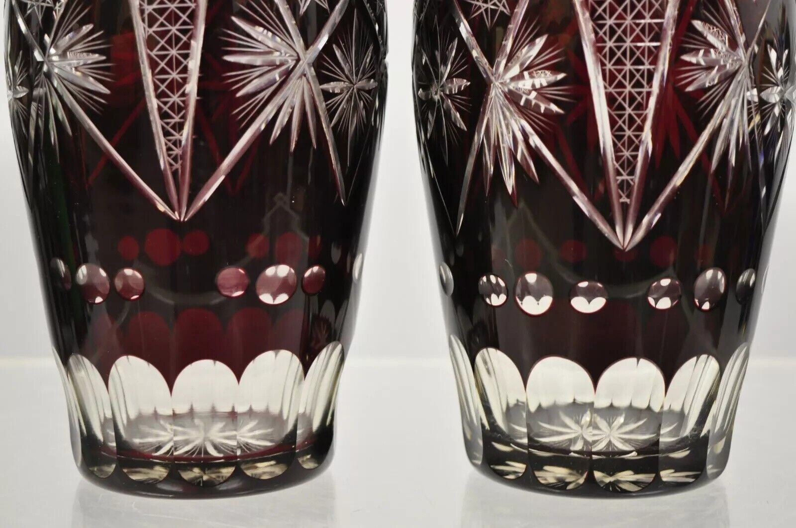 Vintage Bohemian Czech Cut to Clear Cranberry Ruby Glass 10.5" Bud Vase - a Pair