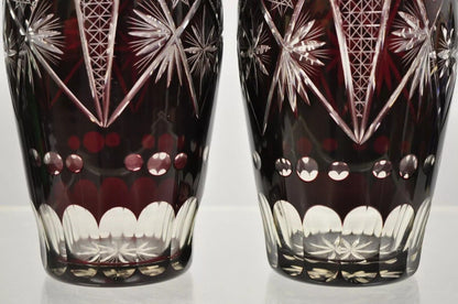 Vintage Bohemian Czech Cut to Clear Cranberry Ruby Glass 10.5" Bud Vase - a Pair