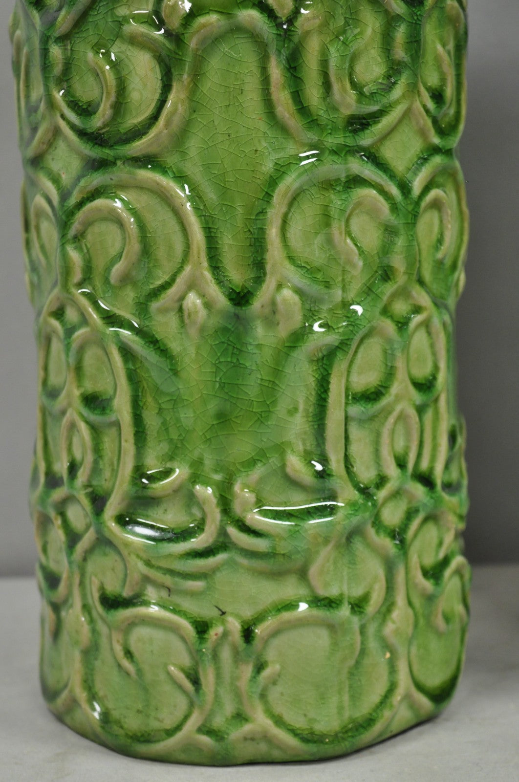Contemporary Modern Green Glazed Ceramic Scroll Decorated Table Lamps - a Pair