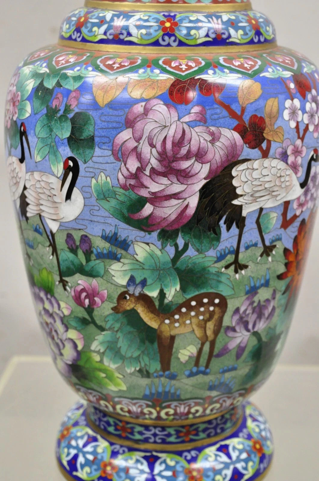 Vintage Chinese Cloisonné Porcelain Enamel Figural Crane and Deer Vase - a Pair