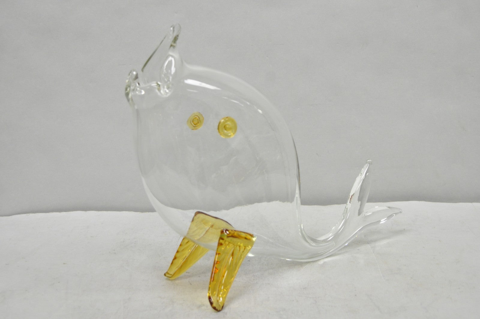 Vintage Mid Century Modern Blenko Style Amber Fin Blown Glass Fish Vase Bowl