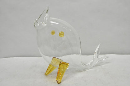 Vintage Mid Century Modern Blenko Style Amber Fin Blown Glass Fish Vase Bowl