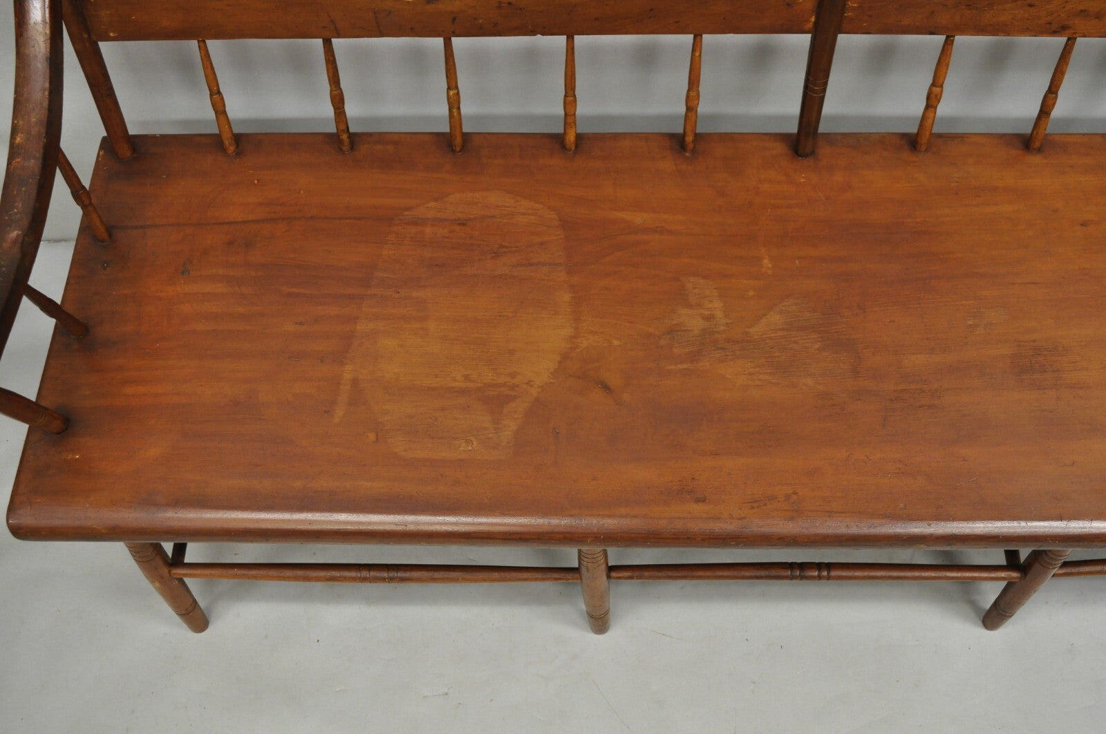 Antique American Colonial Farmhouse Spindle Back Pine Wood 8 Leg 72" Long Bench