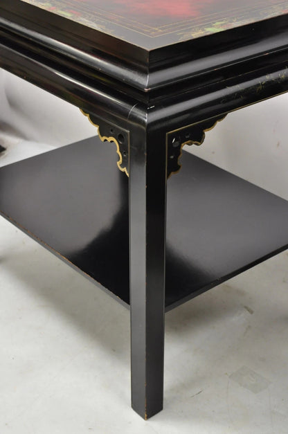 Vintage Chinoiserie Black Lacquered Red Leather Top 2 Tier End Tables - a Pair