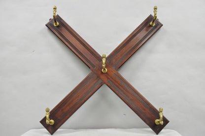 Antique Victorian Mahogany X-Form Wall Coat Rack w/ Brass Knight's Helmet Hooks