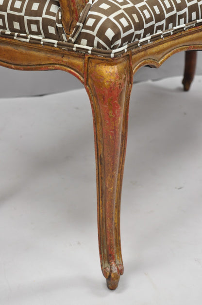 Vintage French Louis XV Style Distressed Gold Gilt Cane Back Vanity Bench Seat