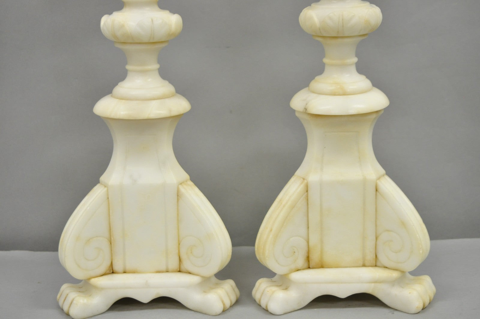 Antique Italian Neoclassical Carved Alabaster Marble Column Table Lamps - a Pair