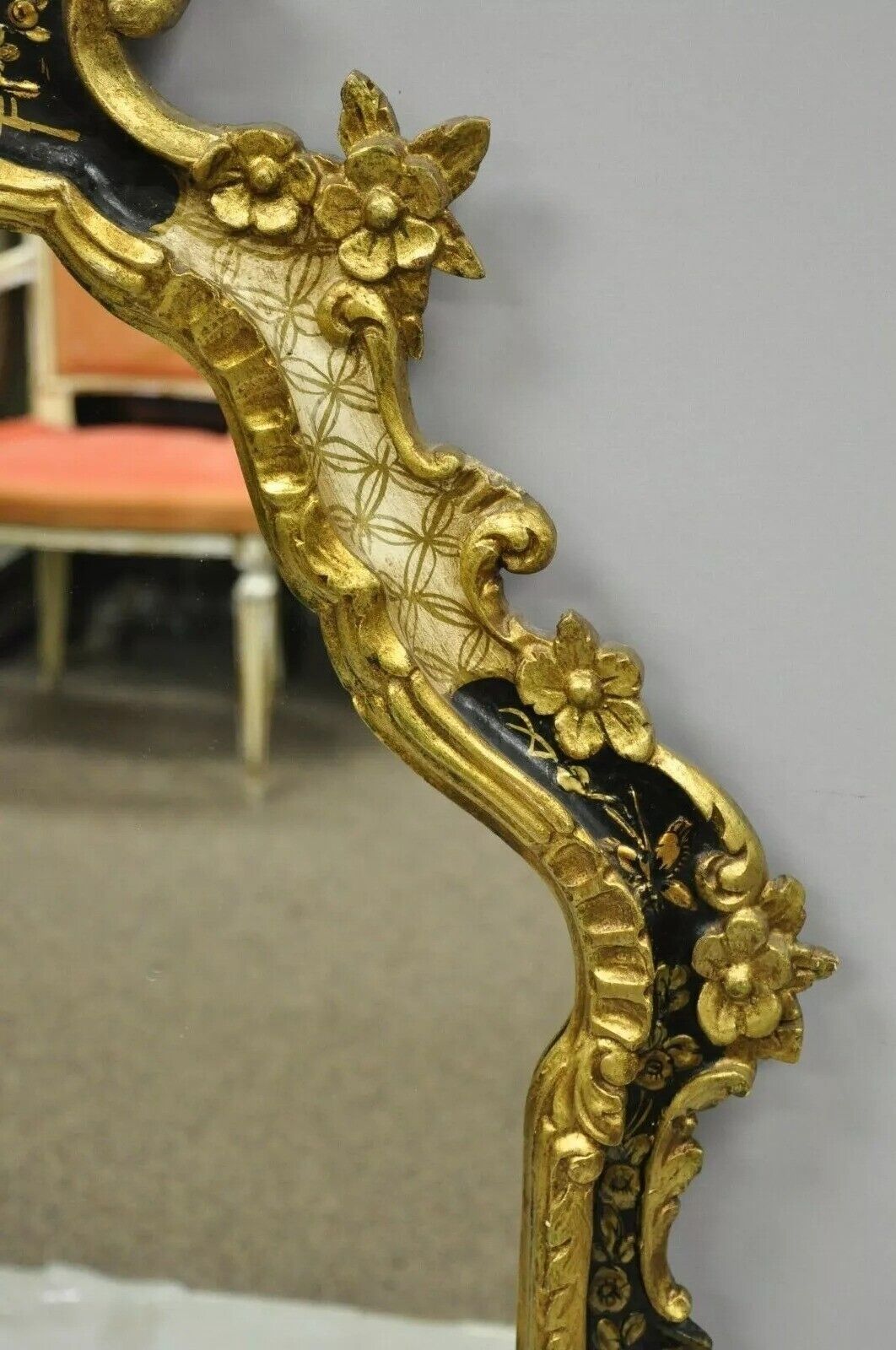 Vintage Chinoiserie Japanned Rococo Italian Gold Gilt Carved Wood Wall Mirror