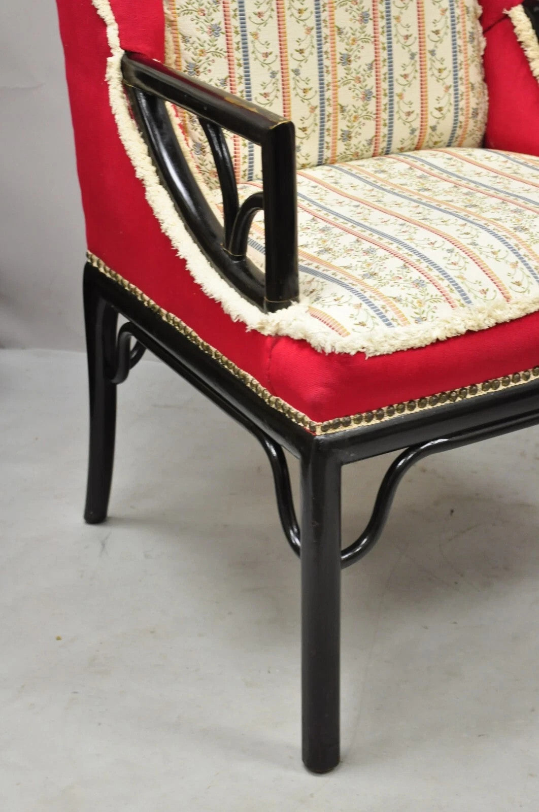 Vintage Chinoiserie James Mont Style Black Fretwork Lounge Arm Chairs - a Pair