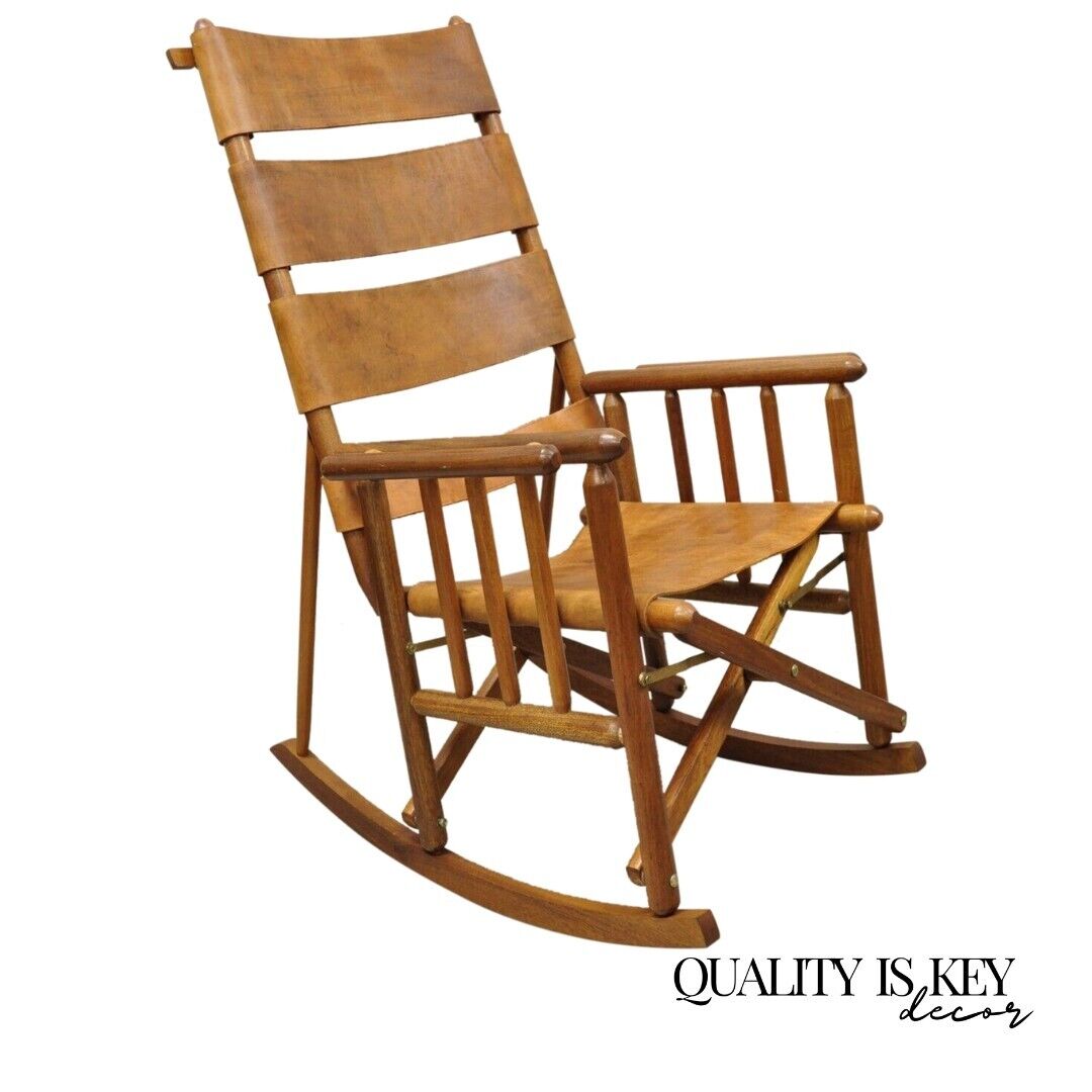 Costa Rican Campaign Style Teak Brown Leather Folding Rocker Rocking Chair