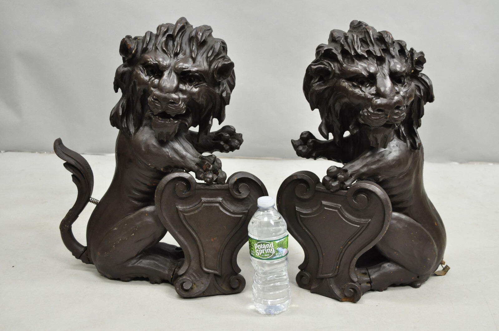 Antique Renaissance Revival Carved Oak Wood 20" Lion Architectural Elements Pair