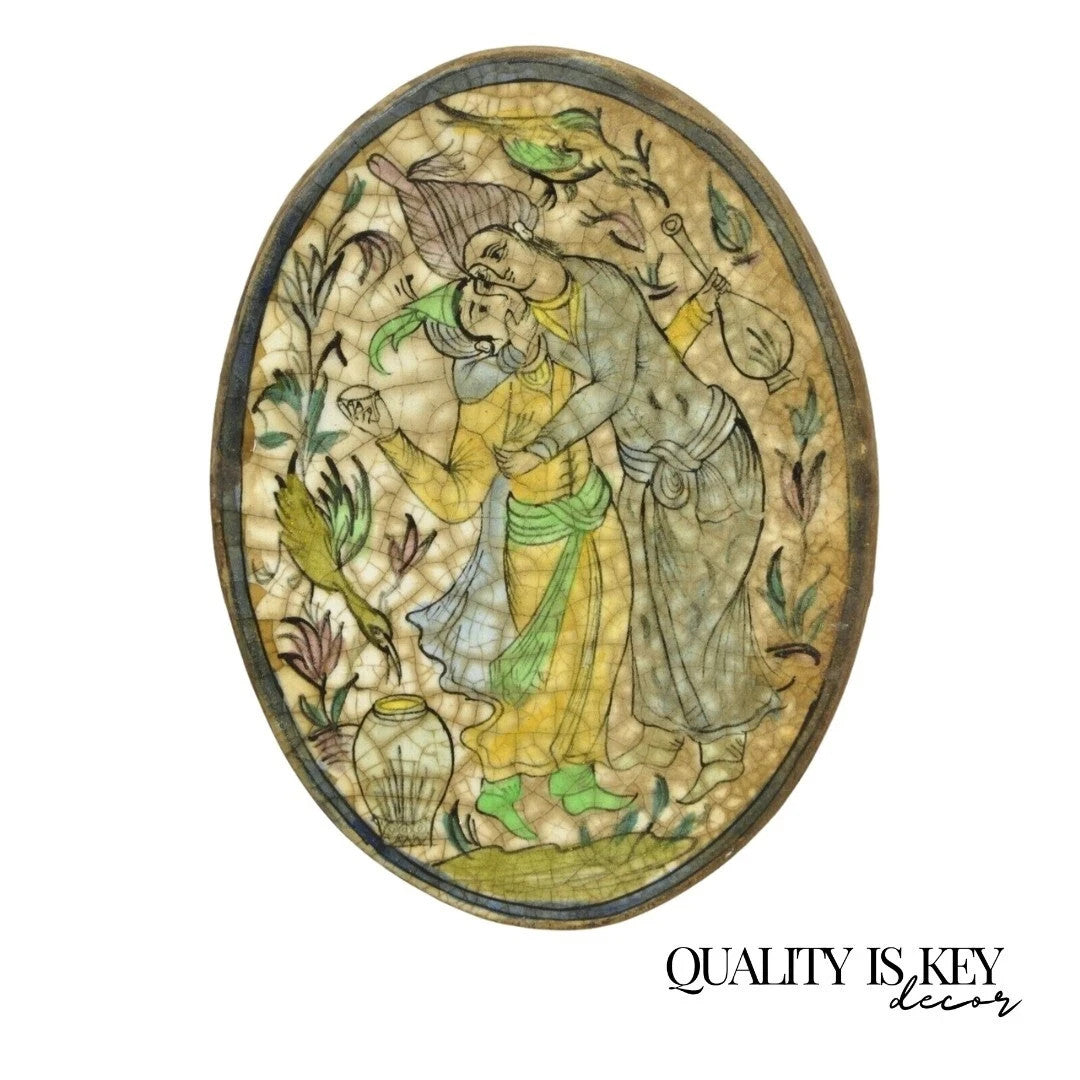 Antique Persian Iznik Qajar Style Ceramic Pottery Oval Tile Couple Embrace C3