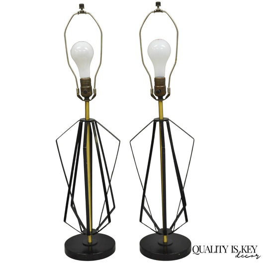 Vintage Mid Century Modern Black Metal & Brass Geometric Helix Table Lamps Pair
