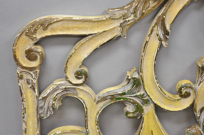 Vintage French Rococo Distressed Cream Painted Queen Size Wood Bed Headboard