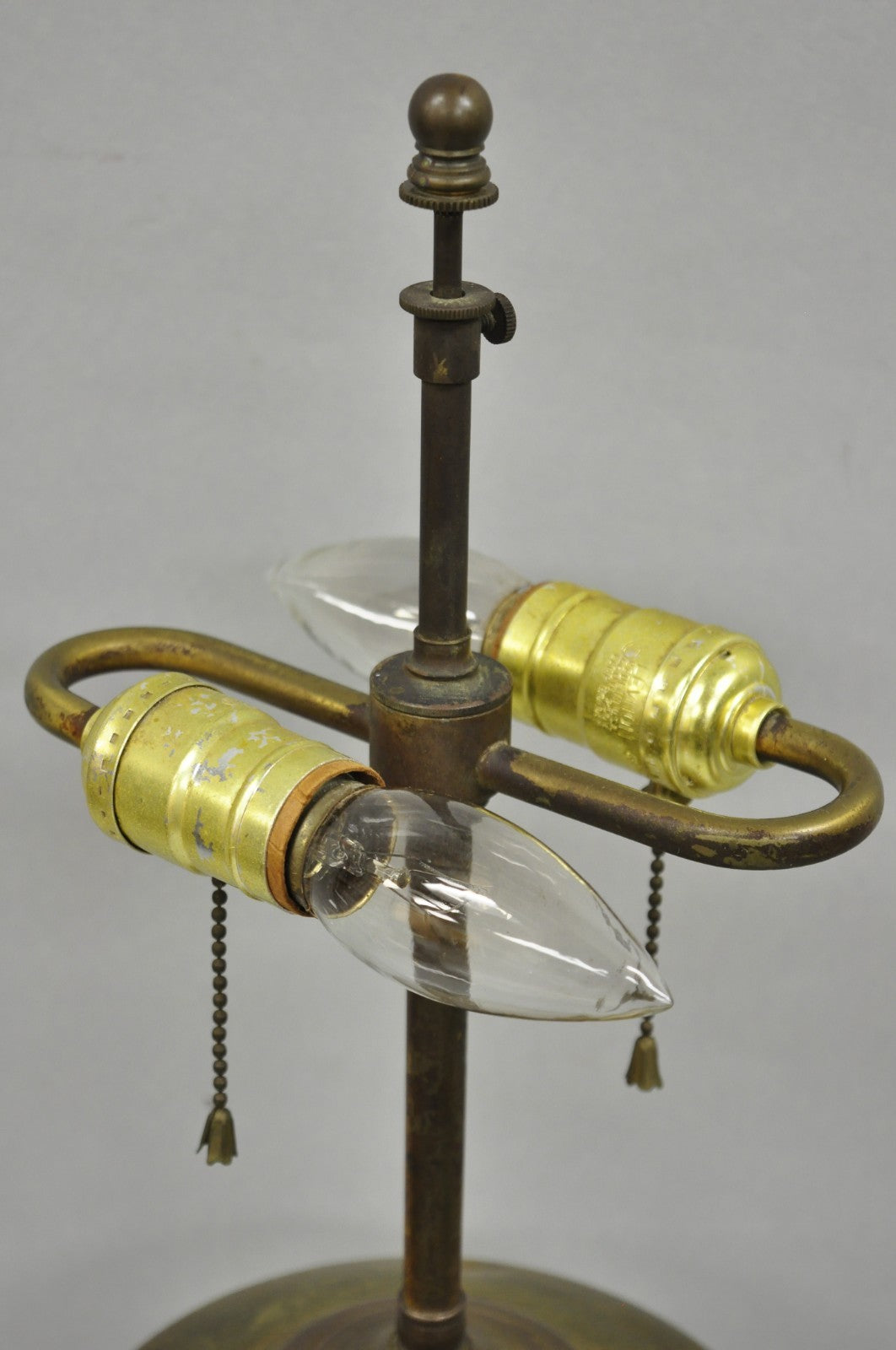 Antique French Empire Brass Converted Oil Lamp Mahogany Wood Column Table Lamp