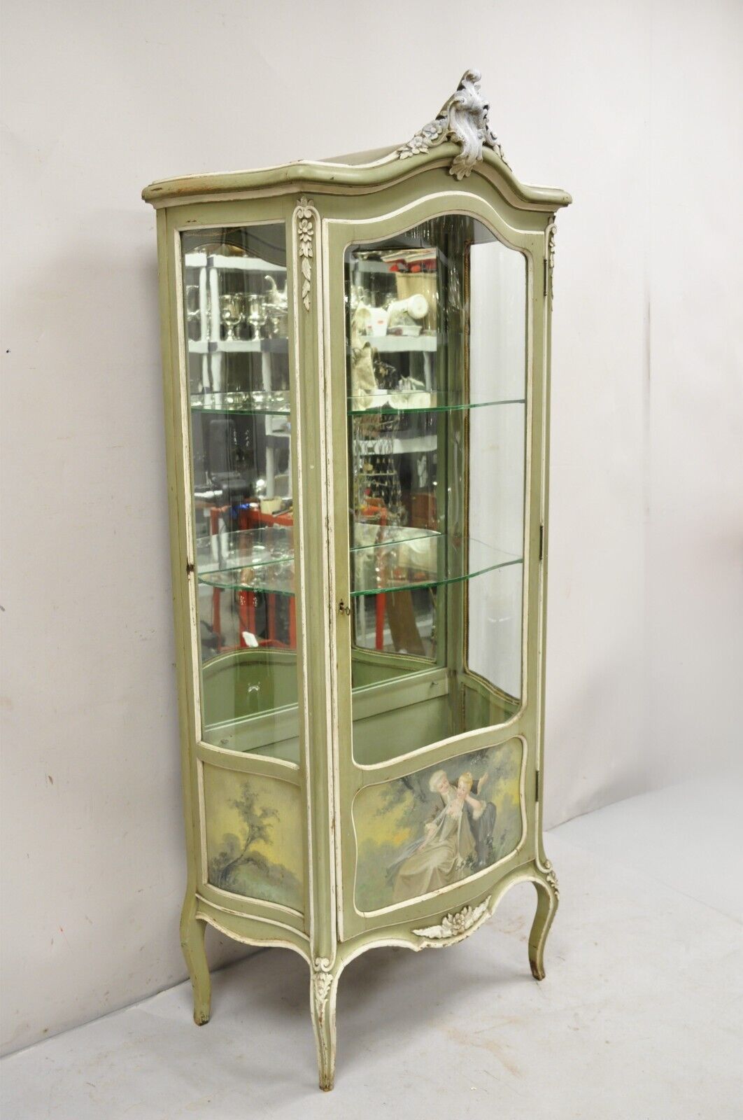 Antique French Louis XV Style Green Distress Painted Curved Glass Curio Cabinet