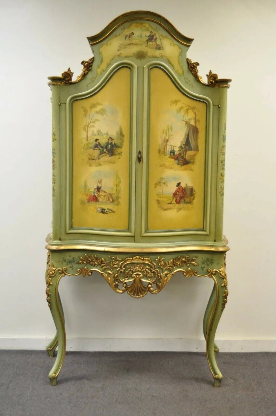 Antique French Louis XV Italian Rococo Style Hand Painted Green Cupboard Cabinet