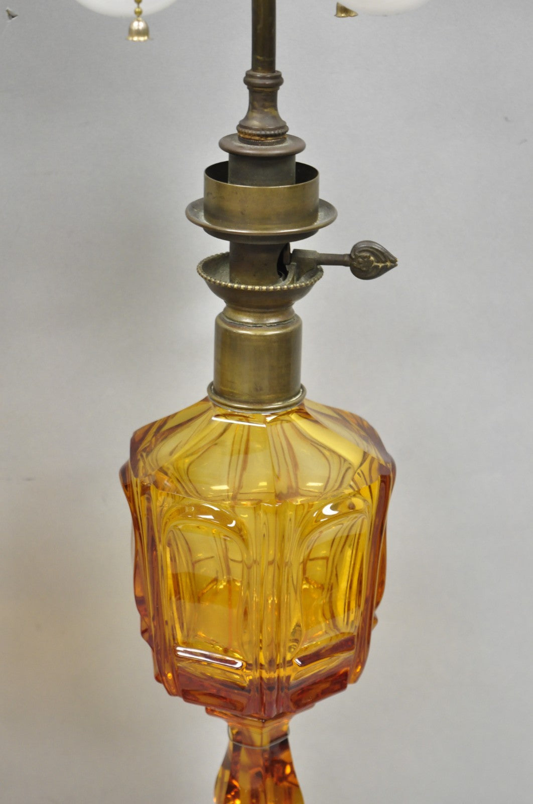 Antique French Victorian Amber Glass & Bronze Converted Oil Lamp Table Lamp Pair