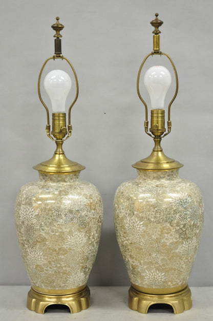 Vintage Chinoiserie Gold Porcelain Jardiniere Table Lamps by Wildwood - a Pair
