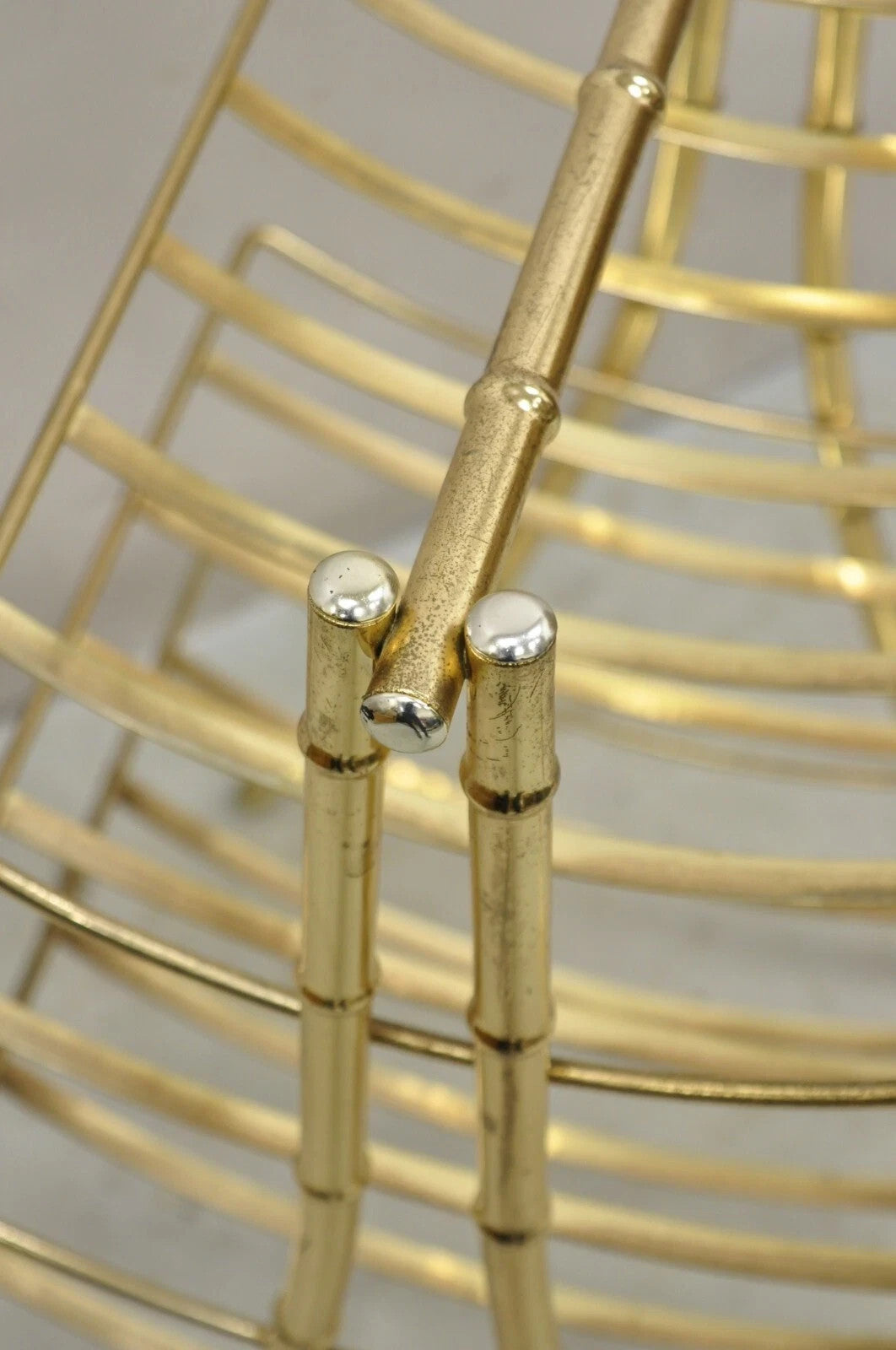 Vintage Hollywood Regency Gold Metal Faux Bamboo 3 Tier Magazine Rack Stand