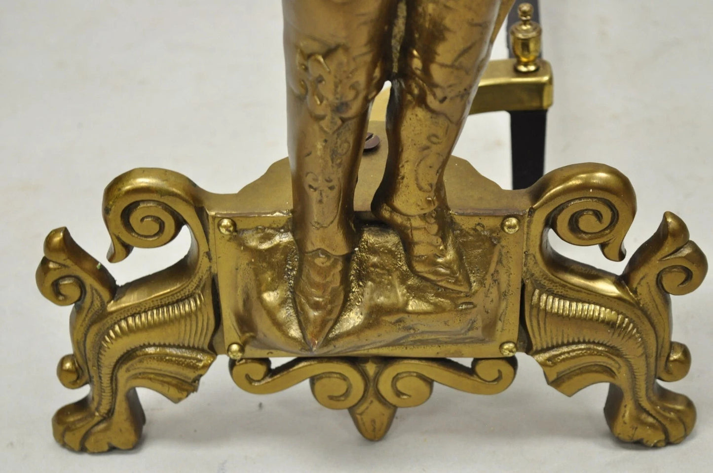 Vintage Renaissance Brass Figural Soldier Warrior Fireplace Andirons - a Pair